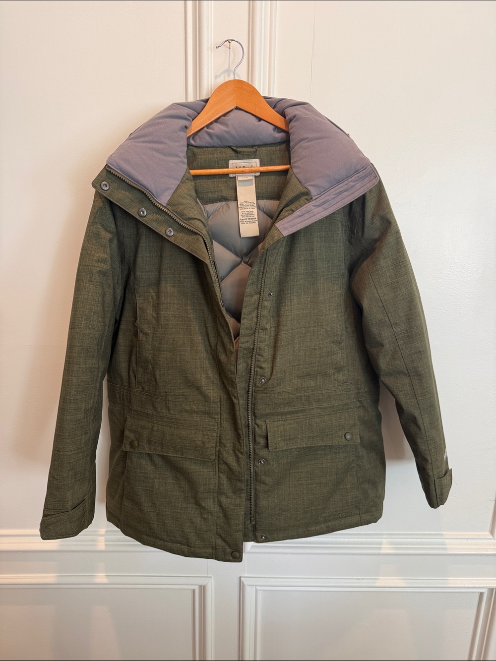 L.L. Bean Olive Green Puffer Coat with Light Gray Hood